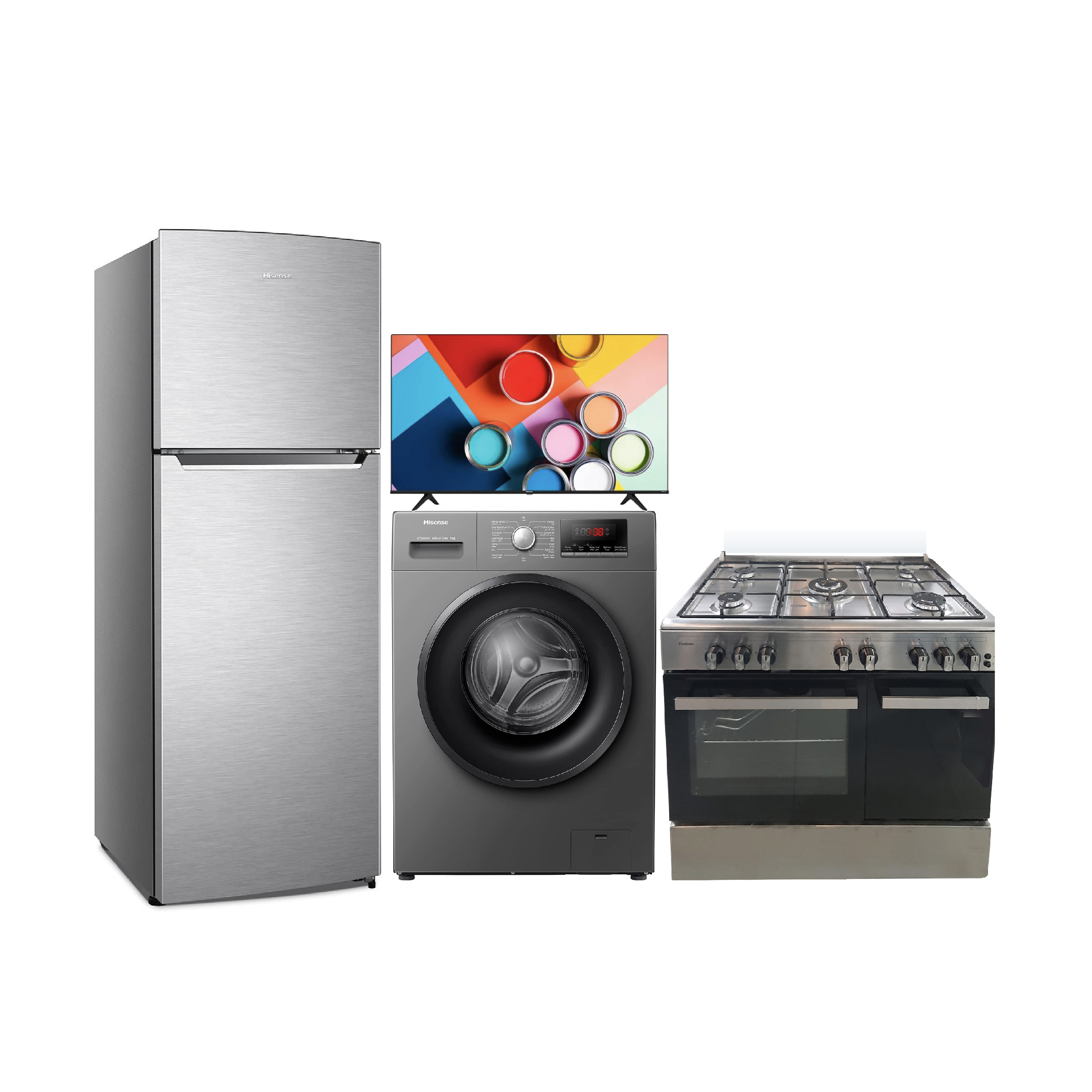 Hisense 15FT Refrigerator + Hisense 43-Inch TV +  Hisense Washer + 90cm Cooker, RT419N4DGN + 43A62GS + WFPV8012EMT + PER95SS